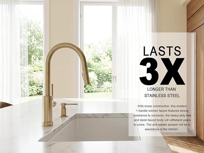 Lava Odoro Champagne Gold Kitchen Faucet with Pull Down Sprayer, Modern Kitchen Sink Faucet Single Hole Gold Faucet for Kitchen Sink with 2-Function Spray Head, Deck Plate Included, KF1120-CB