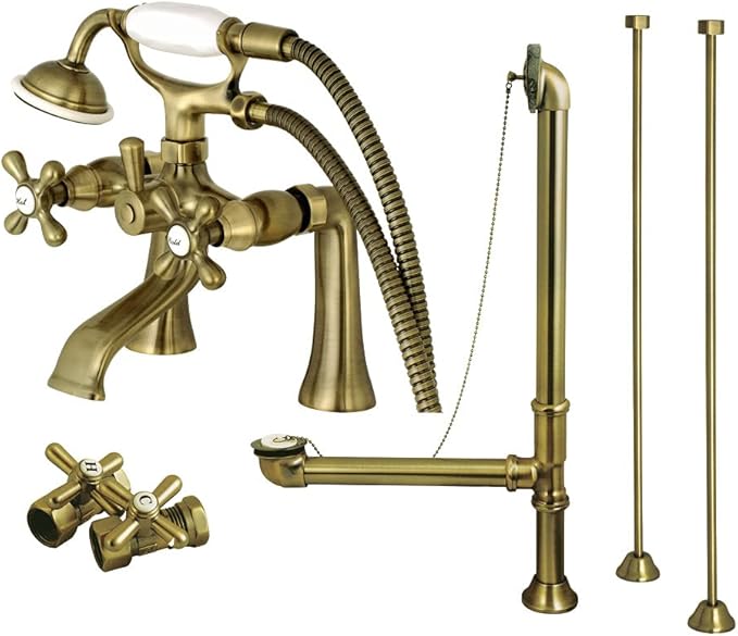 Kingston Brass CCK268AB Vintage Deck Mount Clawfoot Tub Faucet Package, Antique Brass