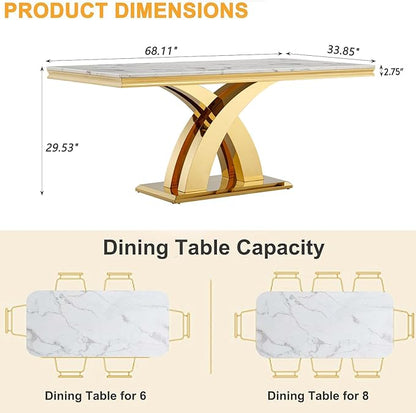 68 Inch Marble Dining Table for 4-6,Modern Dining Room Table with White Faux Marble Tabletop & Gold X Stainless Steel Base,Luxury Rectangle Gold Kitchen Dining Room Table for Living Room Home Office