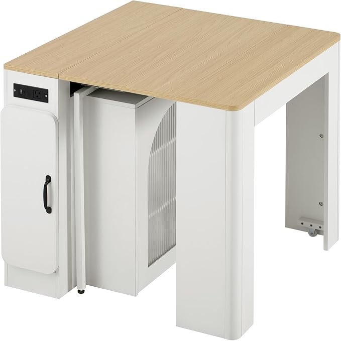 Extendable Dining Table with 3 Removable Middle Leaves, Mobile Rolling Island Table with Power Outlet, Saving-Space Cabinet with Storage for Dining Room and Living Room (Cream White and Natural)