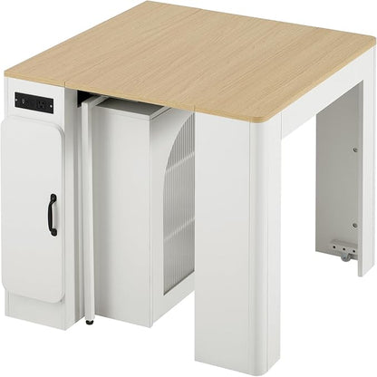 Extendable Dining Table with 3 Removable Middle Leaves, Mobile Rolling Island Table with Power Outlet, Saving-Space Cabinet with Storage for Dining Room and Living Room (Cream White and Natural)