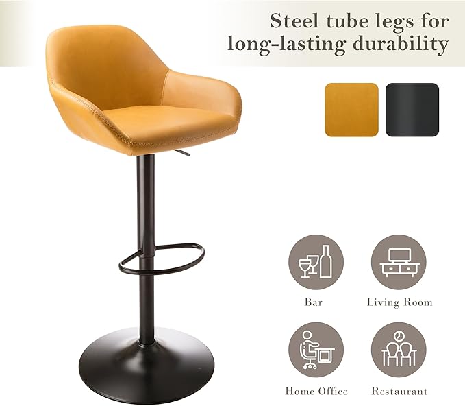 Glitzhome Bar Table and Chairs Set, Round Black Steel Pub Table with Soild Elm Wood Top and Bar Height Adjustable Swivel PU Leather Bar Stool for Breakfast Nook Living Room Small Space Restaurant