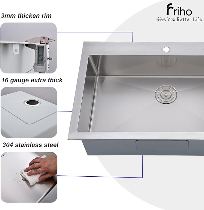 Friho 33x22 Drop in Kitchen Sink, Top Mount Commercial Handmade 18 Gauge Single Bowl Stainless Steel Sink with Basket Strainer