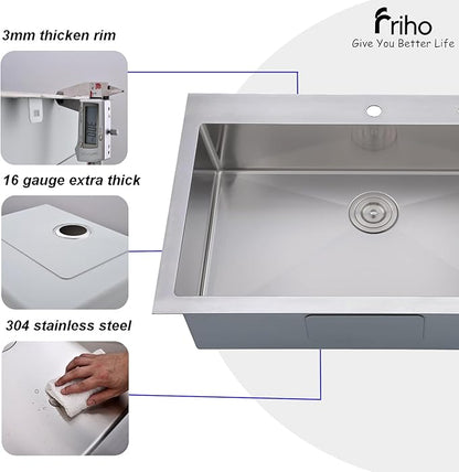Friho 33x22 Drop in Kitchen Sink, Top Mount Commercial Handmade 18 Gauge Single Bowl Stainless Steel Sink with Basket Strainer