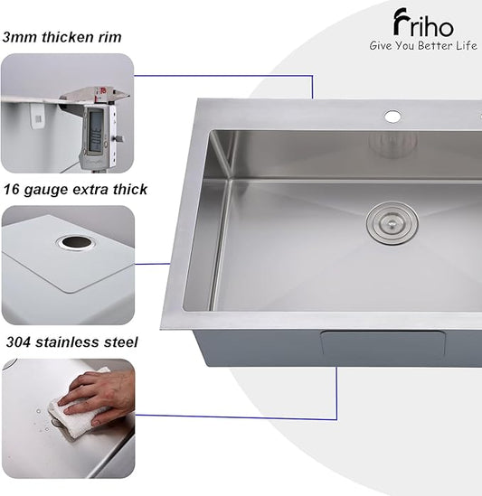 Friho 33x22 Drop in Kitchen Sink, Top Mount Commercial Handmade 18 Gauge Single Bowl Stainless Steel Sink with Basket Strainer