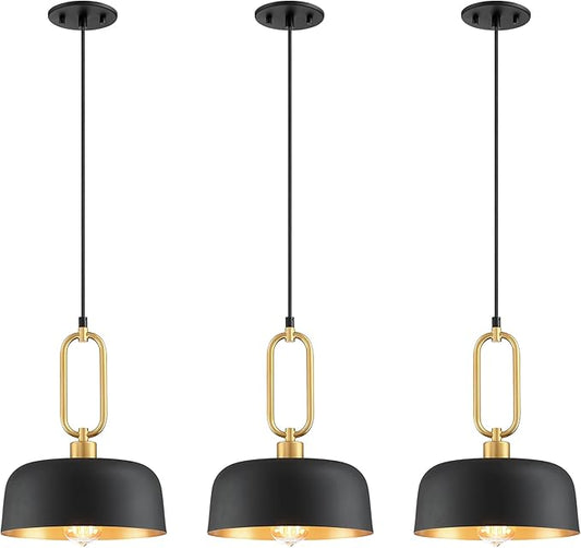 Industrial Pendant Lighting Fixture, Black and Gold Farmhouse Pendant Light, Adjustable Kitchen Lights Ceiling Hanging for Kitchen Island Hallway Dining Room 3 Pack
