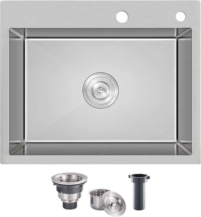 ROVOGO 20 inch Drop in Bar Sink 304 Stainless Steel, 20"x16" Wet Bar Prep Sink Single Bowl for Small Kitchen, 9" Deep Sink Top Mount with 2-Hole & Drain Assembly, Brushed