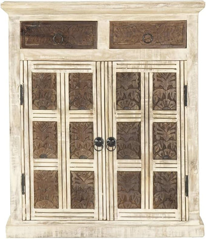 White Sideboard, Solid Mango Wood, Hand Carved Brown Patterns, 2 Doors, 2 Drawers, 29.5 in Tall Buffet Cabinet for Dining Room, Entryway Kitchen Furniture