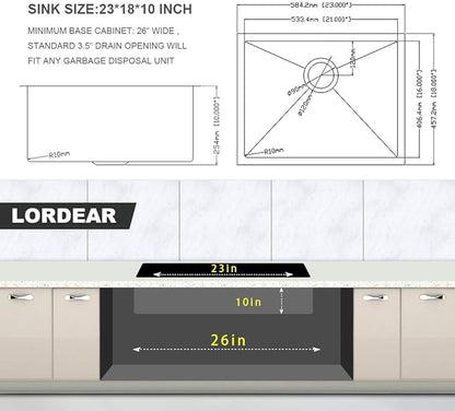 Lordear Undermount Kitchen Sinks 23 inch Small Undermount Bar Sink,16-Gauge Stainless Steel Single Bowl Bar Prep Kitchen Sink One Basin 23x18x10 Inch Handmade