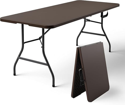 Folding Table 6FT Heavy Duty Plastic Table with Handle, Foldable&Portable, Fold-in-Half Utility Tables for Outdoor, Dining, Wedding, Events, Indoor, Picnic, Camping, Party,Brown