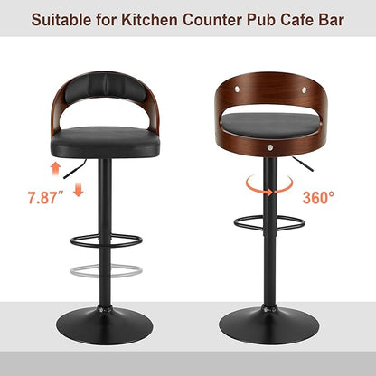 VECELO Bar Stool Set of 4, Kitchen Island Stools with Bentwood Back,Arm&Footrest,Island Chairs Adjustable Height PU Leather Cushion Seat,360°Swivel Bar Stools for Kitchen Counter,Club Pub,Black