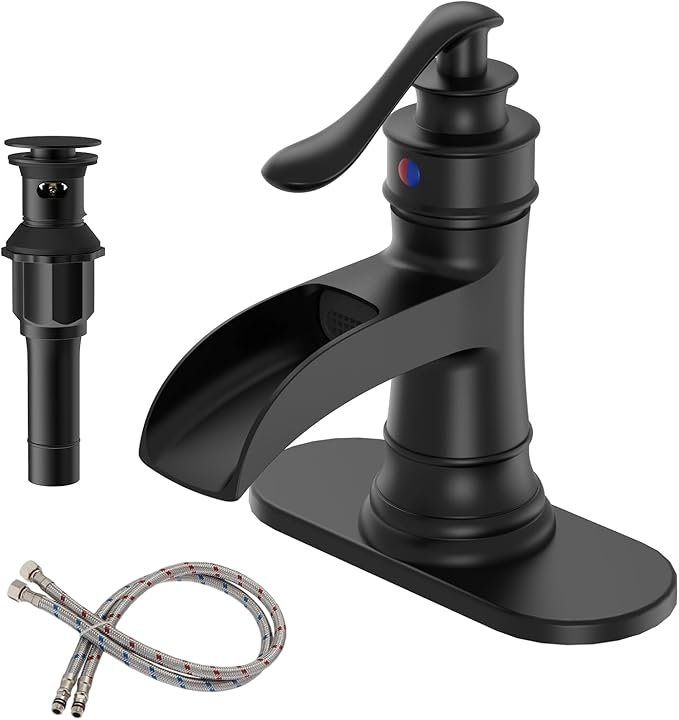 BWE Matte Black Waterfall Bathroom Sink Faucet 1 Hole or 3 Hole, Single Handle Bathroom Vanity Faucet with Pop-Up Drain and Water Supply Lines