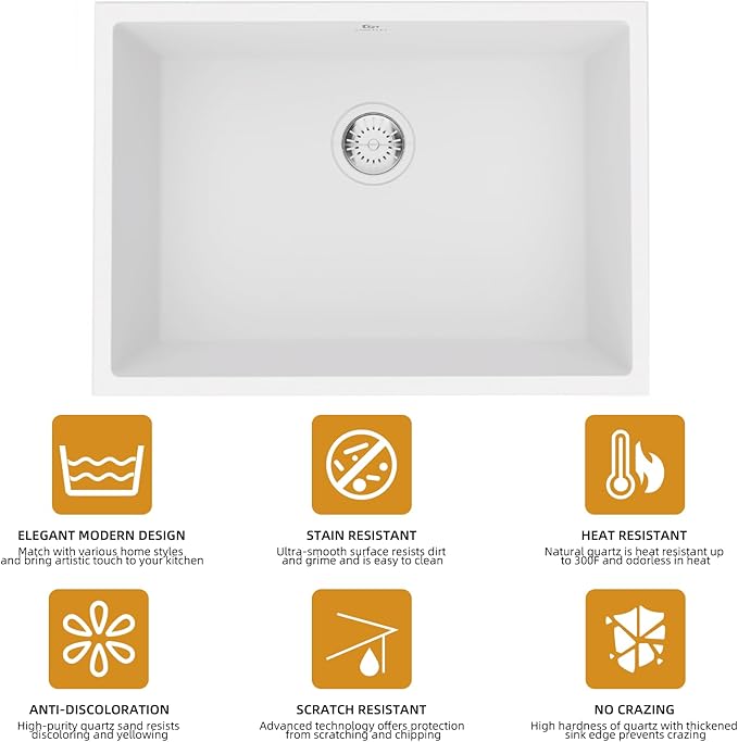 Quartz Kitchen Sink, 23 Inch White Undermount Kitchen Sinks, Deep Single Bowl Granite Composite Sink, Modern Sinks Providing Complete Accessories, Spacious Workspace and Easy Cleaning