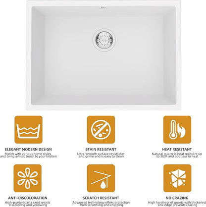 Quartz Kitchen Sink, 23 Inch White Undermount Kitchen Sinks, Deep Single Bowl Granite Composite Sink, Modern Sinks Providing Complete Accessories, Spacious Workspace and Easy Cleaning