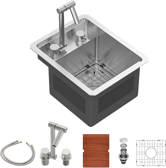 Sarlai Undermount Bar Sink With Foldable Faucet - 13x15 Inch Outdoor Kitchen Sink RV Workstation 16 Gauge Stainless Steel Single Bowl Handmade Outdoor BBQ Sinks