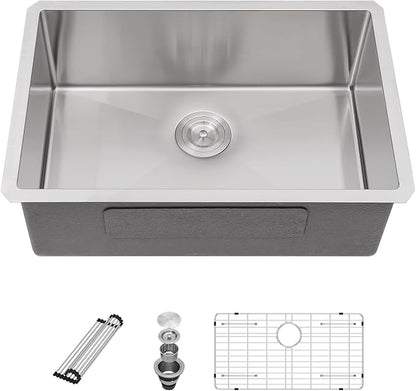 Sarlai 28 Inch Undermount Kitchen Sink - 28" x 18" Undermount Sink Single Bowl Stainless Steel 16 Gauge Kitchen Sink Under Counter Round Corner Basin