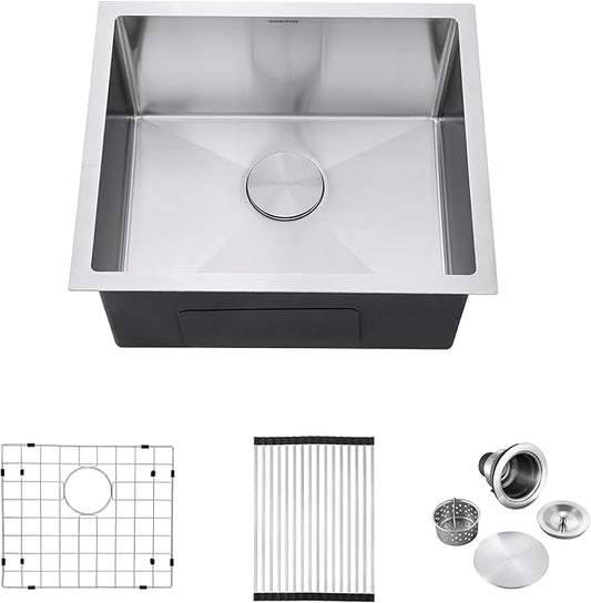 21-Inch Undermount Kitchen Bar Sink, SINKVINE Stainless Steel Wet Bar Sink Single Bowl for Outdoor, RV, Laundry, with Drain Strainer, Bottom Grid Protector, Roll-up Drying Unit, 21" x 18" x 10"