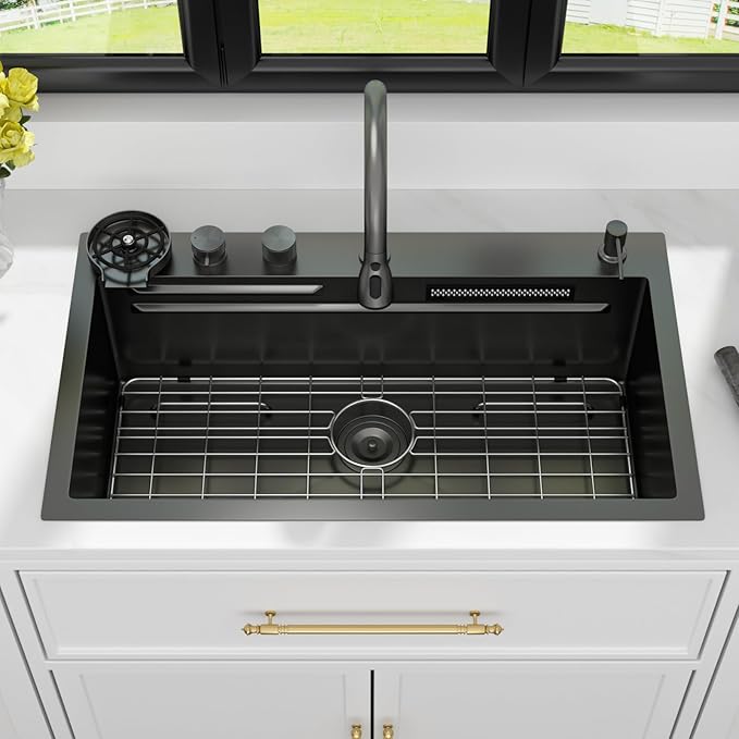 Kichae 33 Black Kitchen Sink Drop In Waterfall - 33x19 Drop Sink Stainless Steel 16G Single Bowl Waterfall Kitchen Sinks Workstation Handmade with Faucet & Glass Rinser