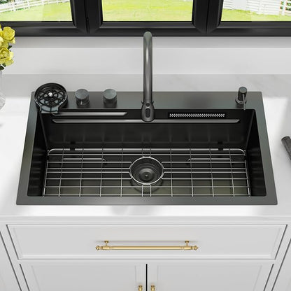 Kichae 33 Black Kitchen Sink Drop In Waterfall - 33x19 Drop Sink Stainless Steel 16G Single Bowl Waterfall Kitchen Sinks Workstation Handmade with Faucet & Glass Rinser