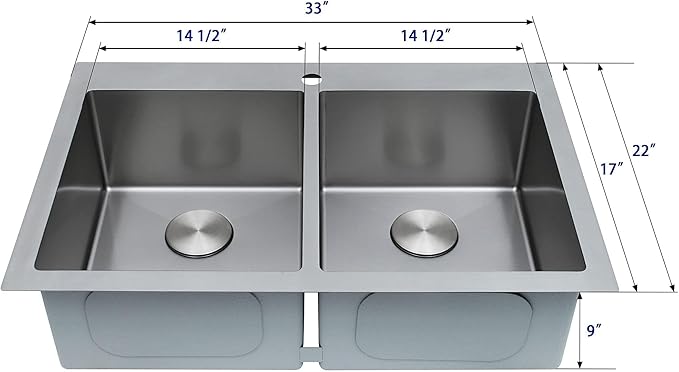 33 X 22 inch Drop in Kitchen Sinks Double Bowl,16 Gauge Stainless Steel 50/50 Double Sink,Top Mount/Drop In Double Kitchen Sink 33 inch