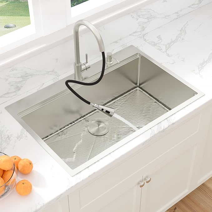 Sarlai 33 Drop In Kitchen Sink with Faucet- 33x22 Inch Drop Kitchen Sink Ledge Workstation Sinks 16 Gauge Stainless Steel Single Bowl Topmount Sinks Basin with Pull-out Faucet