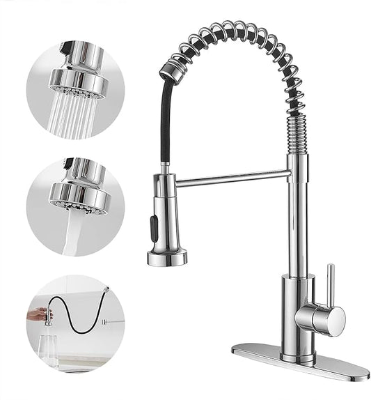 VOTON Chrome Kitchen Faucets with Pull Out Sprayer Commercial Spring Sink Faucet Stainless Steel Pull Down Single Handle Farmhouse faucets with Deck Plate for Camper Laundry Utility Rv Wet Bar