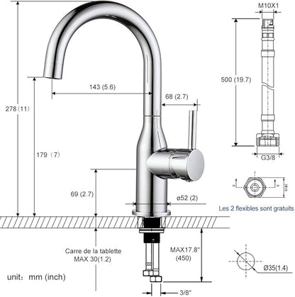 WOWOW Bar Sink Faucet Chrome Modern Single Handle Bar Faucet 1 Hole Small Kitchen Sink Faucet 360 Swivel RV Sink Faucets Mini Bar Tap with Water Supply Hoses