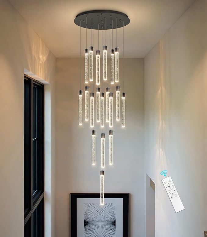 19-Light Long Large Modern Led Crystal Chandeliers Modern Spiral Chandeliers High Ceilings Chandelier for Staircase Foyer Black