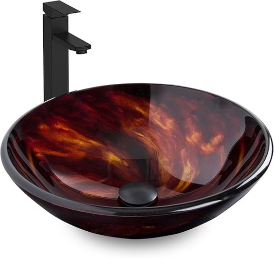 Bathroom Artistic Vessel Sink, Tempered Glass Vanity Round Bowl with Black Faucet and Pop up drain Set, Flame Red