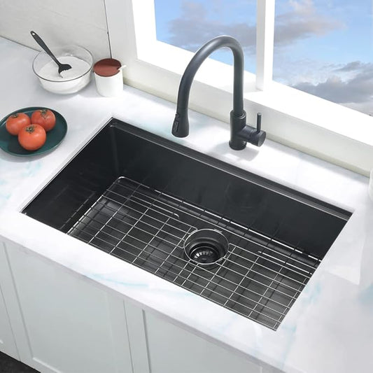 Black Undermount Kitchen Sink, 32x19 Kitchen Sink Undermount Black Stainless Steel Sinks Ledge Workstation 16 Gauge Deep Single Bowl Basin with Cutting Board