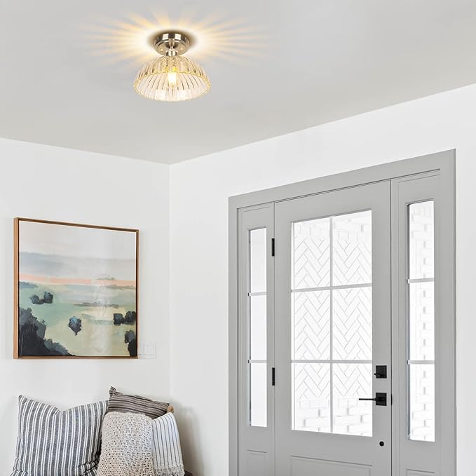JYZ Semi Flush Mount Ceiling Light, Brushed Nickel Ceiling Light Fixture with Ribbed Glass Shade, Vintage Light fixtures for Hallway, Entryway, Bathroom, Kitchen, Bedroom