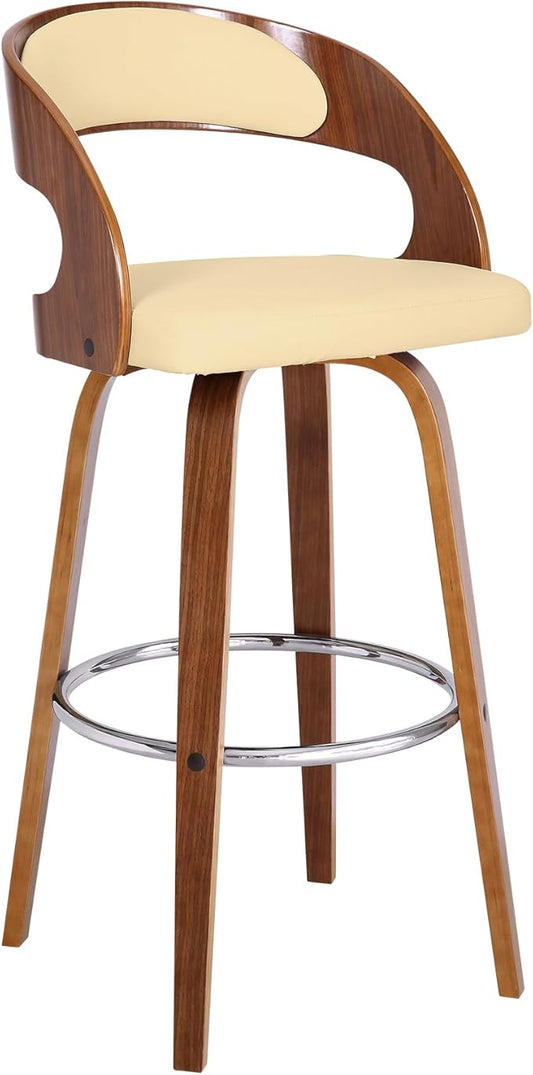 Armen Living Shelly 30" Bar Height Swivel Cream Faux Leather and Walnut Wood Bar Stool - Set of 4