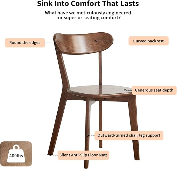 Walnut Dining Chair Single – Solid Oak Wood Frame, Mid-Century Modern Style with Curved Wood Back, 400 lb Capacity – for Kitchen, Dining Room, or as Replacement Chair
