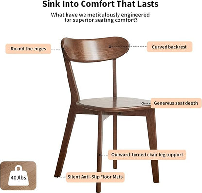 Walnut Dining Chairs, Set of 4 Mid Century Modern Solid Wood Chairs for Kitchen & Dining Room, Heavy Duty Ergonomic Curved Back Chairs, FAS-Grade North American Oak Wooden Chair Set, 400 lb Capacity
