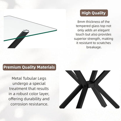 47.24" Rectangular Glass Dining Table, Tempered Glass Small Kitchen Table with Metal Tubular Legs, Stylish and Sturdy Black Dinner Table for Home and Outdoor