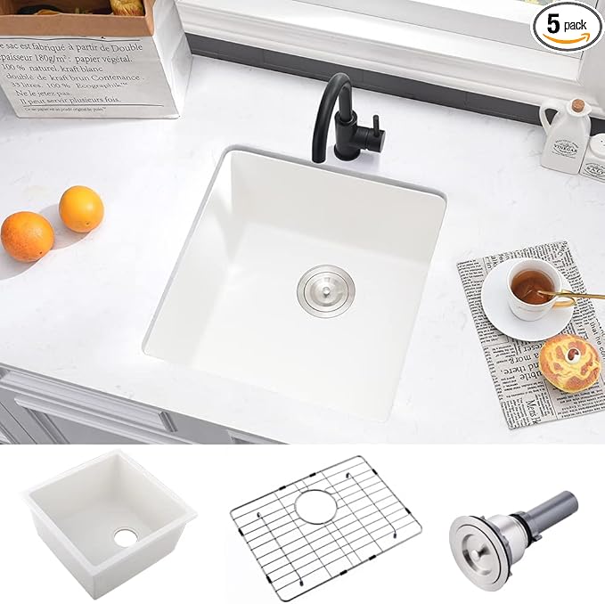 21 Inch Rv Sink Undermount-VASOYO 21x19 Wet Bar Sink Undermount Prep Outdoor Sinks White Quartz Composite Kitchen Sinks Small Deep Singe Basin with Bottom Grid
