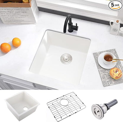 21 Inch Rv Sink Undermount-VASOYO 21x19 Wet Bar Sink Undermount Prep Outdoor Sinks White Quartz Composite Kitchen Sinks Small Deep Singe Basin with Bottom Grid