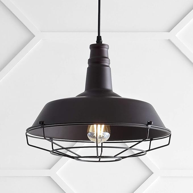 JONATHAN Y 14.25" Oil Rubbed Bronze 1-Light Iron Pendant Light, Adjustable Height Farmhouse Industrial Metal Cage Fixture for Kitchen Island Dining Room, LED Bulb Included JYL9533A