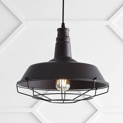 JONATHAN Y 14.25" Oil Rubbed Bronze 1-Light Iron Pendant Light, Adjustable Height Farmhouse Industrial Metal Cage Fixture for Kitchen Island Dining Room, LED Bulb Included JYL9533A