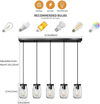 5-Light Glass Mason Jar Light Fixtures, Farmhouse Kitchen Island Pendant Lighting, Rustic Adjustable Height Jar Ceiling Lights for Over Sink, Dining Room, Foyer, Stairway, Hallway, Entryway, Porch