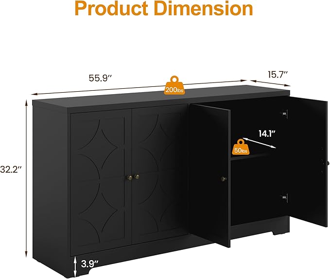 RoyalCraft Sideboard Buffet Cabinet with Storage, 56" Modern Sideboard with 4 Carved Doors and Adjustable Shelves, Large Wood Coffee Bar Console Table for Kitchen, Dining Room, Living Room, Black