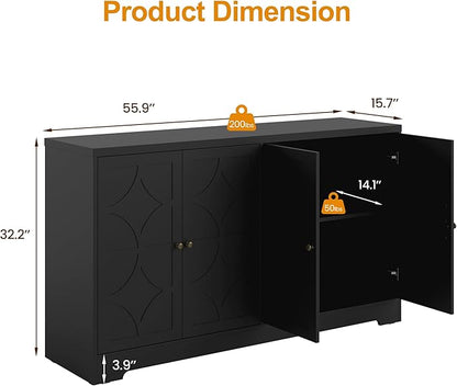RoyalCraft Sideboard Buffet Cabinet with Storage, 56" Modern Sideboard with 4 Carved Doors and Adjustable Shelves, Large Wood Coffee Bar Console Table for Kitchen, Dining Room, Living Room, Black