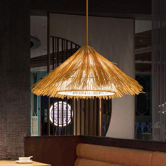 Pendant Lamp Tropical Single Light Bamboo Pendant Light Kitchen Rattan Hanging Light Modern Light Fixtures Ceiling Hanging for Living Room Dining Room, Kitchen, Restaurant