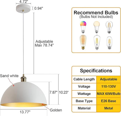 White and Gold Chandelier: 13.7 Inch Retro Farmhouse Style Dome Pendant Light for Kitchen Island, Bedroom, Dining Room, Living Room, and Corridor