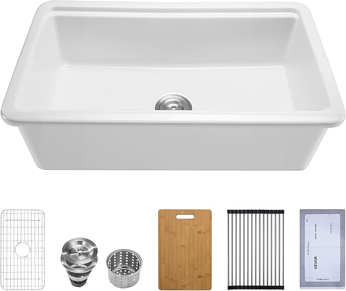 VEVOR 33x19 inch Farmhouse Sink, White Sink Workstation, Fireclay Topmount Undermount Basin, Drop-In Single Bowl Basin with Multiple Accessories, Large Capacity Household Dishwasher Sinks for Kitchen