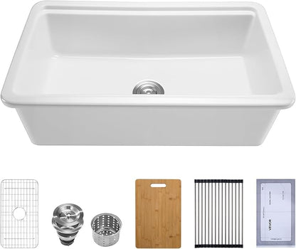 VEVOR 33x19 inch Farmhouse Sink, White Sink Workstation, Fireclay Topmount Undermount Basin, Drop-In Single Bowl Basin with Multiple Accessories, Large Capacity Household Dishwasher Sinks for Kitchen