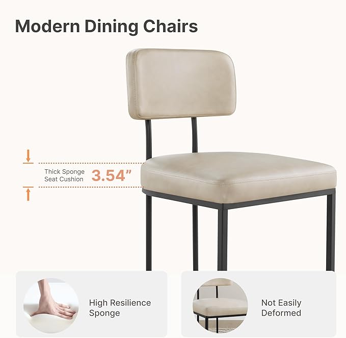 KISLOT Dining Chairs Set of 6, Upholstered Modern Kitchen Chairs with Ergonomic Backrest, Faux Leather Cushion Seat & Curve Metal Legs for Living Room, Restaurant, and Café, Beige, 2 Boxs
