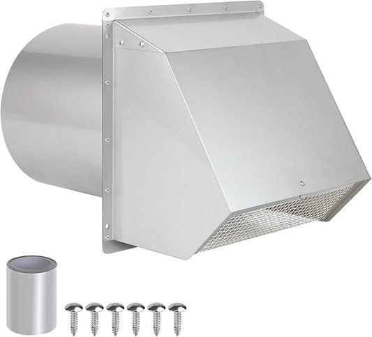 6 Inch Wall Vent Cover,Exterior Wall Vent Hood with Screen and Damper Exhaust Dryer Vent Cover Outside,External Extractor Wall Exhaust Vent Cap for Range Hood Kitchen Outdoor Air Vent,Stainless Steel