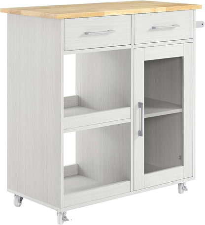 Modway Culinary Rolling Kitchen Cart with Storage in White Natural - 3 Tiers Kitchen Island on Wheels with Towel Bar, Functional as a Coffee Station, Bar Cabinet or Butcher Block Island