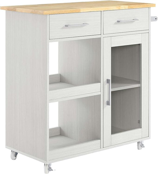Modway Culinary Rolling Kitchen Cart with Storage in White Natural - 3 Tiers Kitchen Island on Wheels with Towel Bar, Functional as a Coffee Station, Bar Cabinet or Butcher Block Island